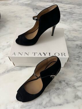 Ann Taylor Black Suede Peep-Toe Mary Jane Heels